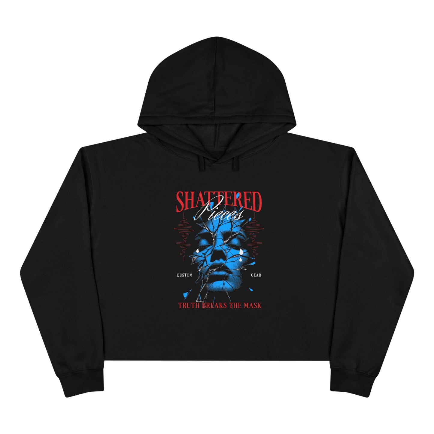 Shattered Faces Crop Hoodie — Graphic Blue Statue Mask Design