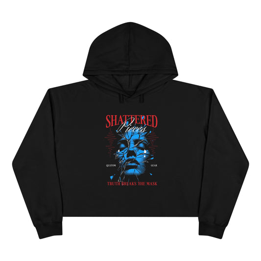 Shattered Faces Crop Hoodie — Graphic Blue Statue Mask Design